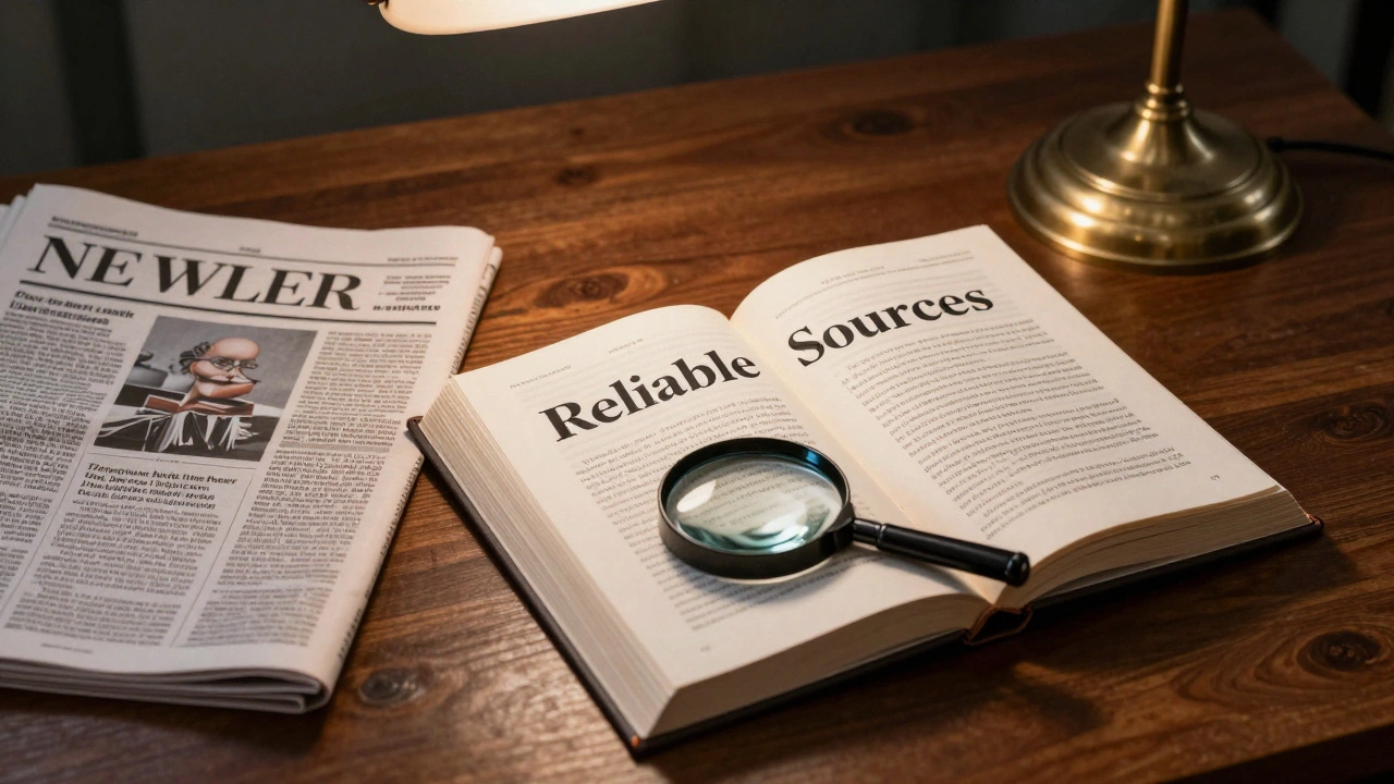 Academic books and a newspaper on a desk with a magnifying glass.