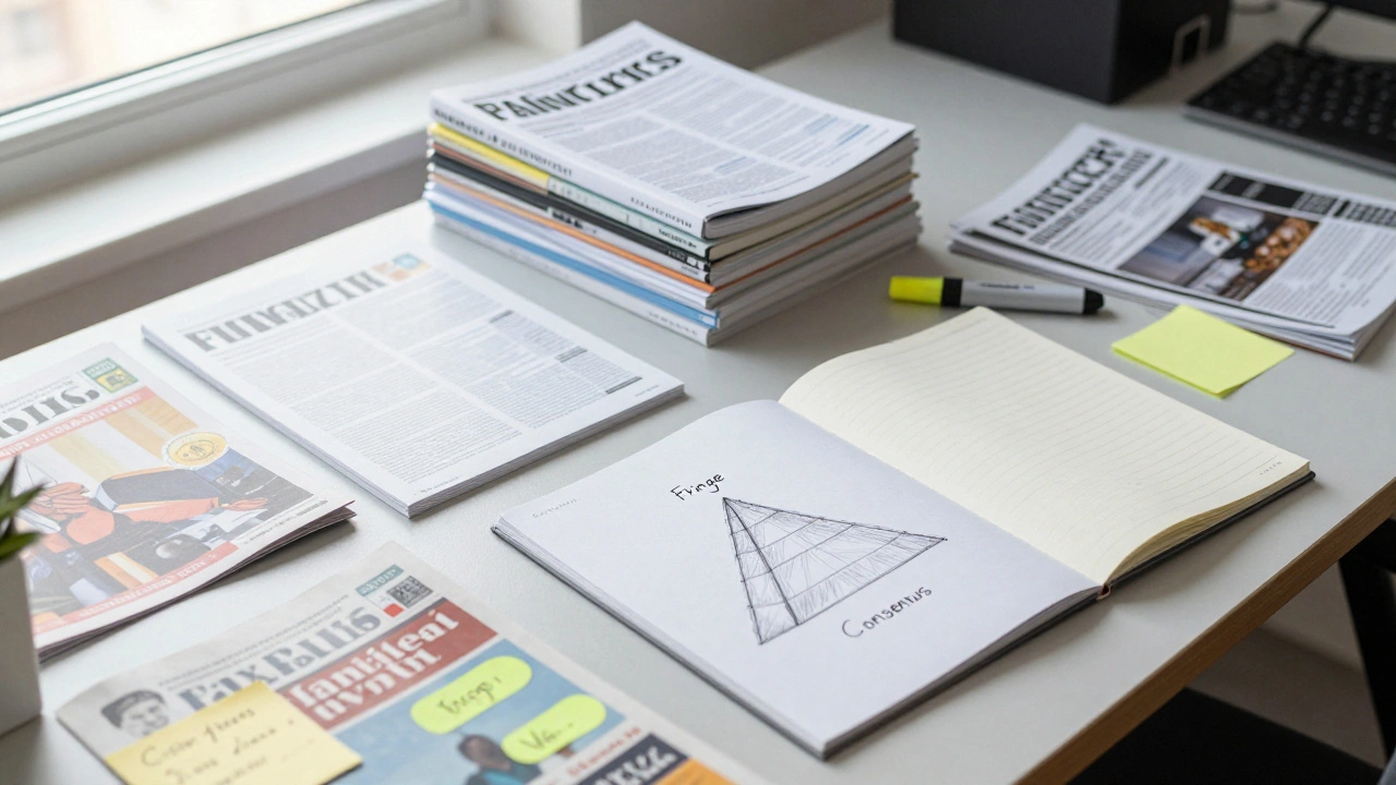 Academic journals and reports on a desk arranged to show a hierarchy of evidence.
