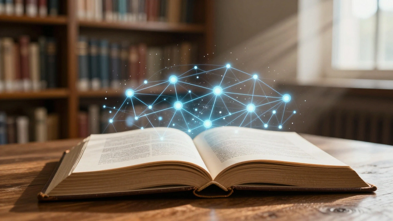 An ancient book morphing into a holographic network of digital links on a library table.