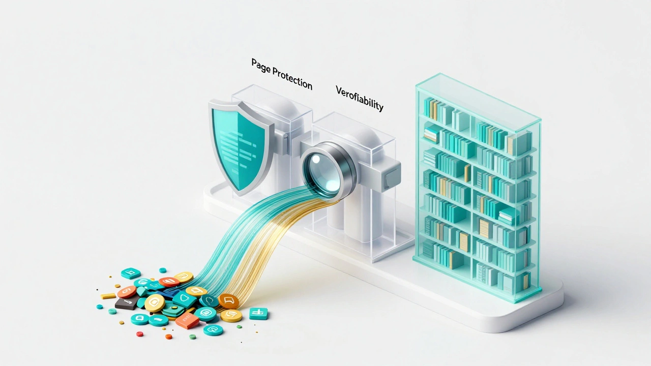 An isometric 3D diagram showing a data stream being filtered through shields and lenses into a clean library.