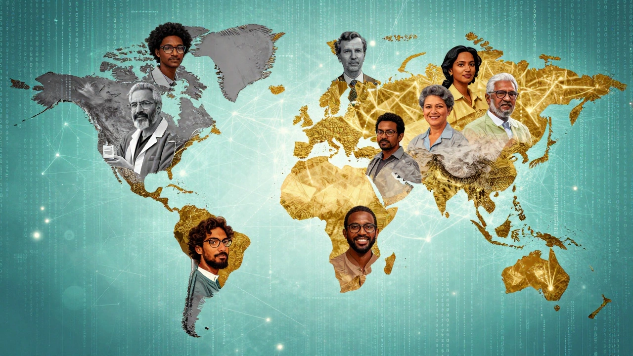Artistic illustration of diverse global figures emerging from digital code to form a map.
