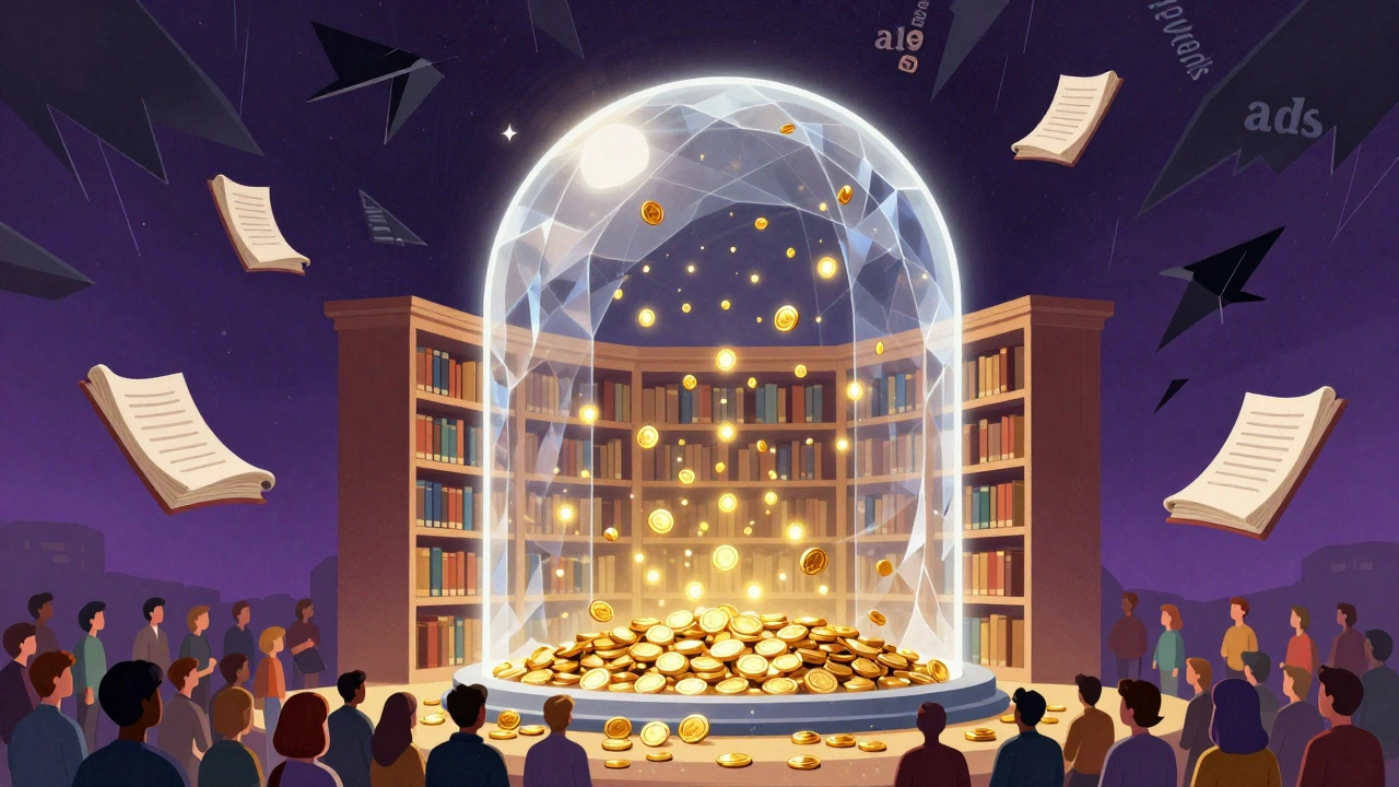 Artistic scene of a protective dome shielding a library of knowledge from ads and paywalls.