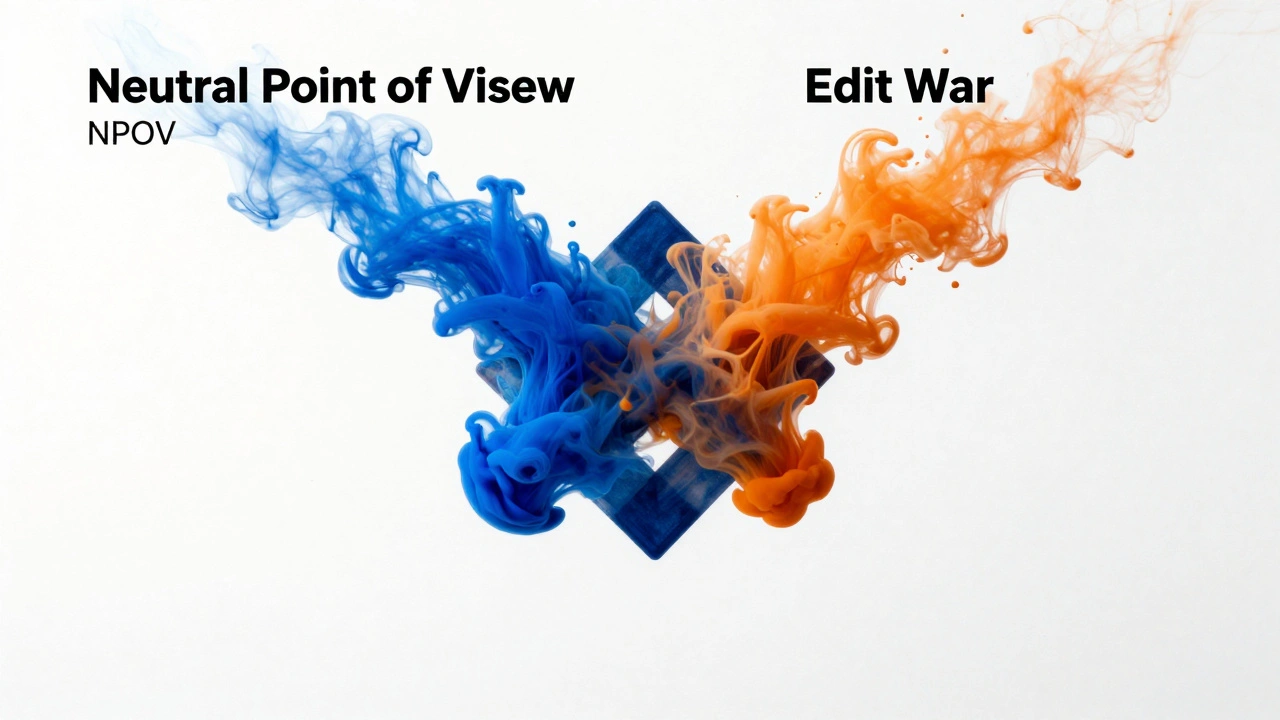 Blue and orange ink streams colliding to form a balanced geometric pattern on a white background.