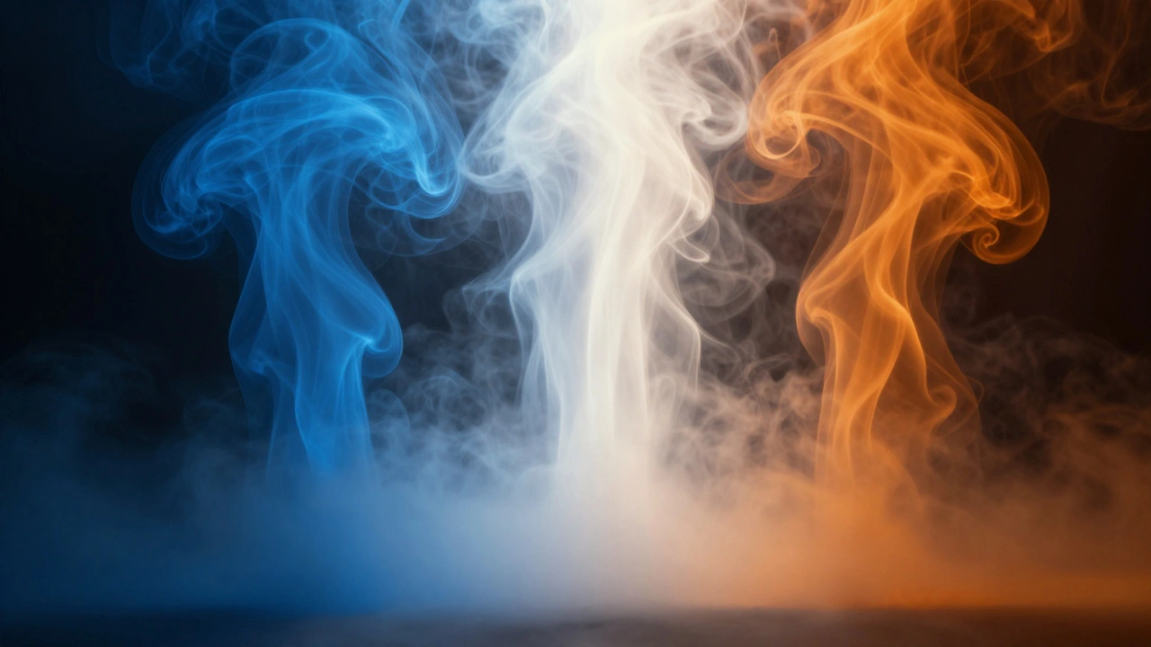 Blue and orange smoke pillars blending into white light.