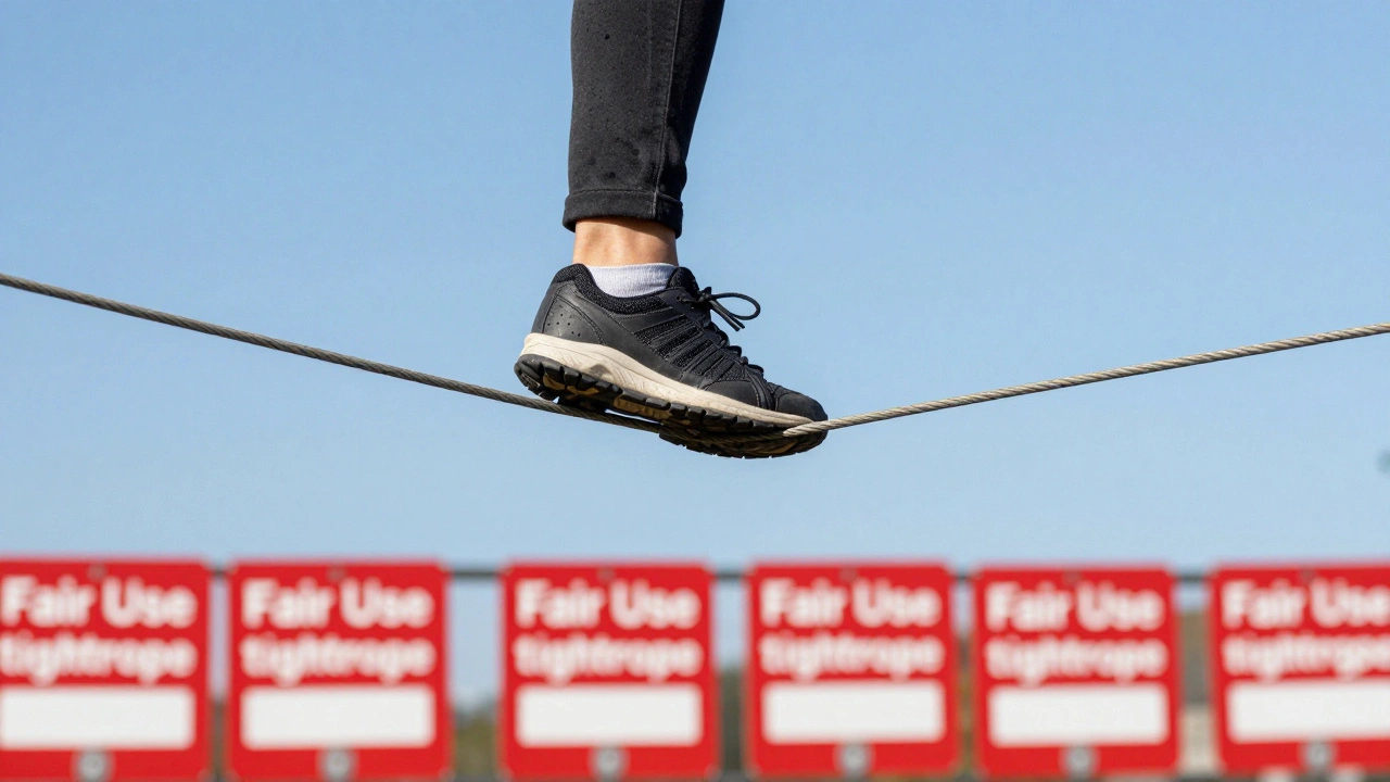Close-up of a foot on a tightrope symbolizing the delicate balance of fair use copyright law.