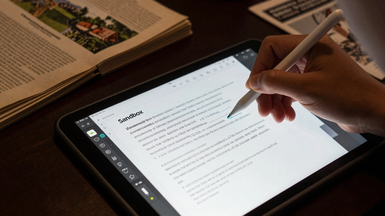 Close-up of a student drafting a cited article in a digital sandbox