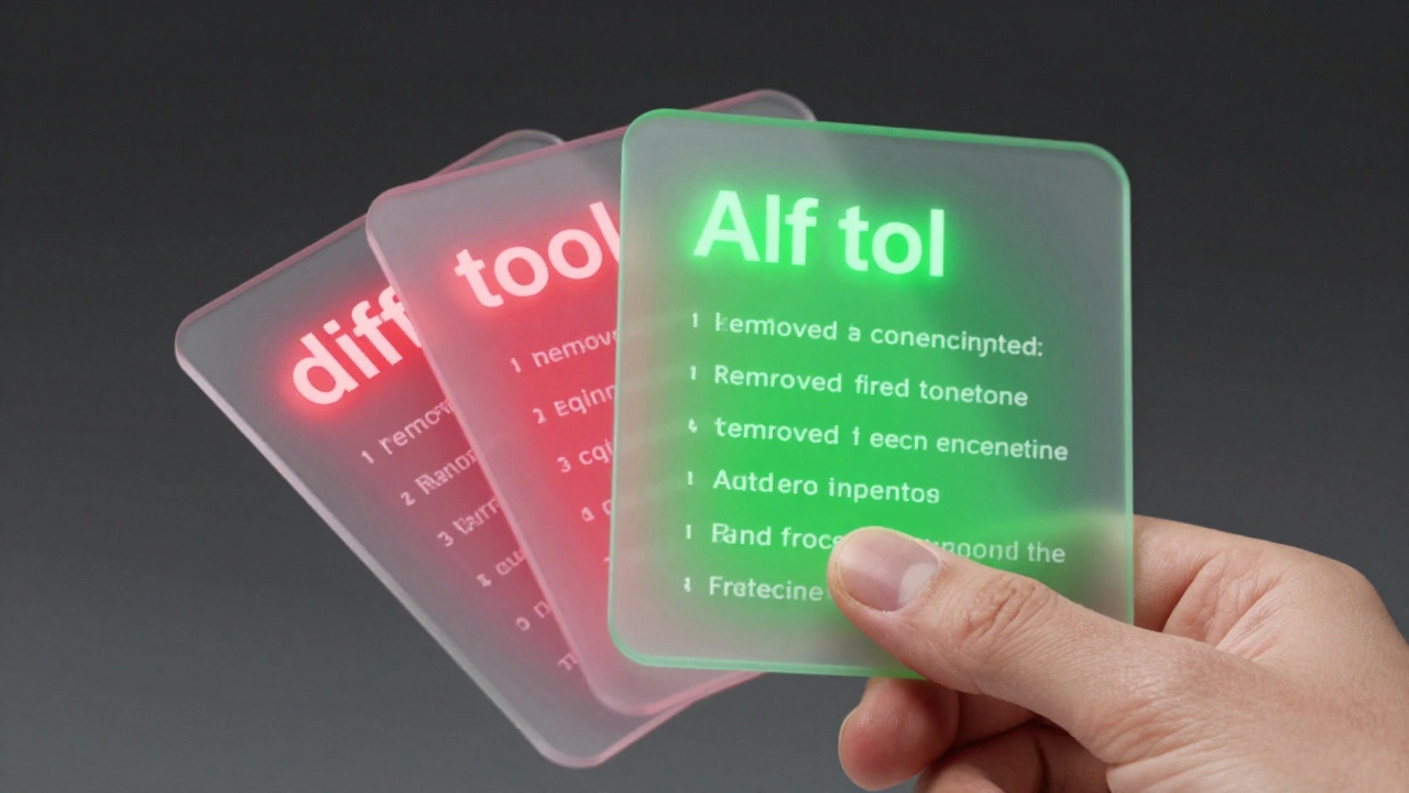 Close-up of red and green highlighted text panels representing a digital comparison tool.