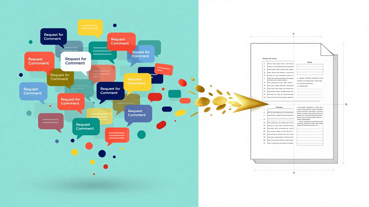 Colorful discussion bubbles transforming into a structured document through a golden filter.