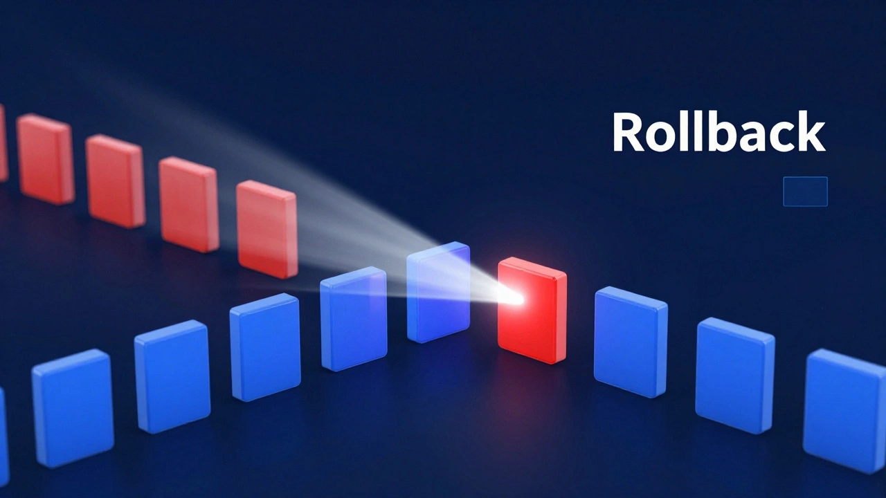 Conceptual 3D visualization of a rollback tool removing red error blocks from a timeline