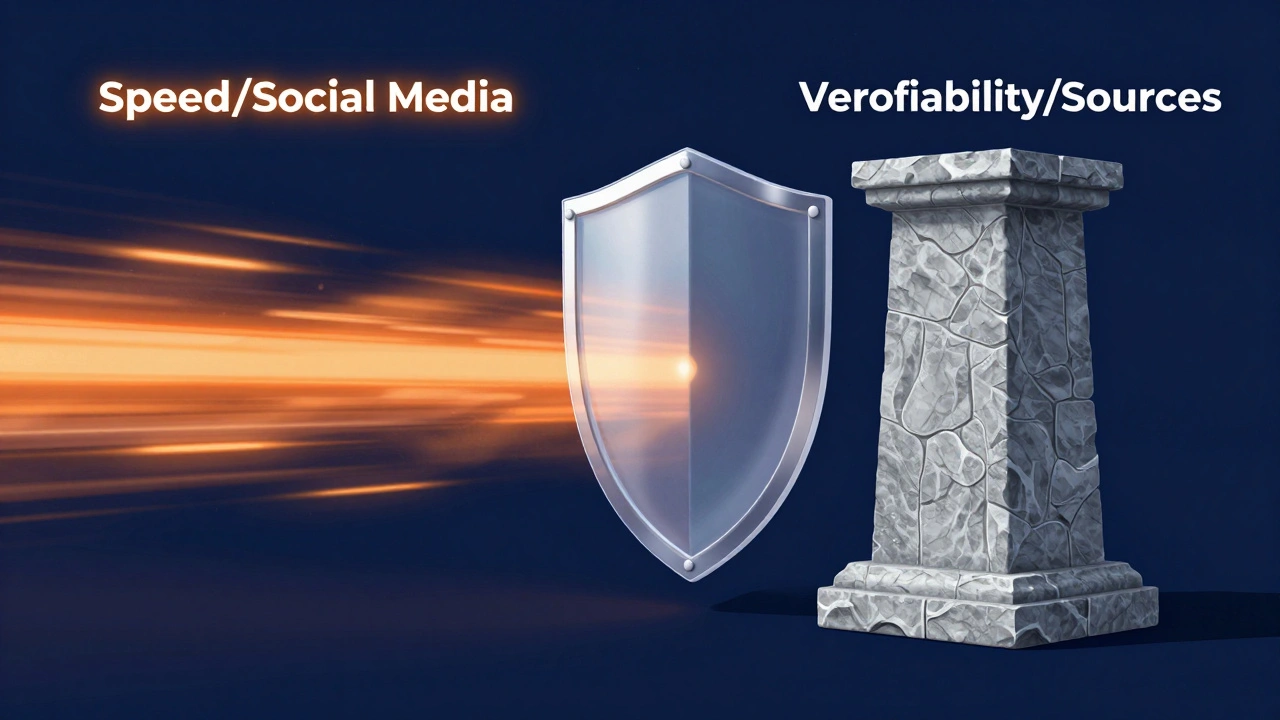 Conceptual art showing a shield balancing speed and accuracy in information editing