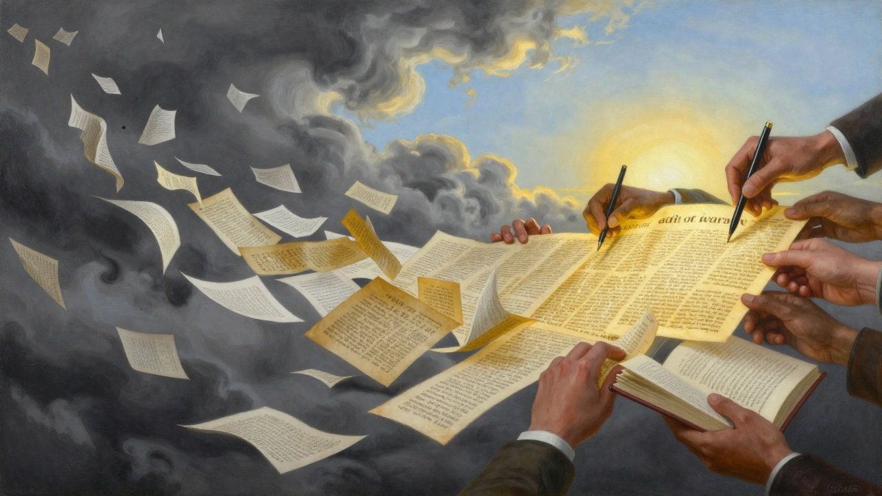 Conceptual art showing diverse hands weaving fragmented pages into a golden tapestry of knowledge.