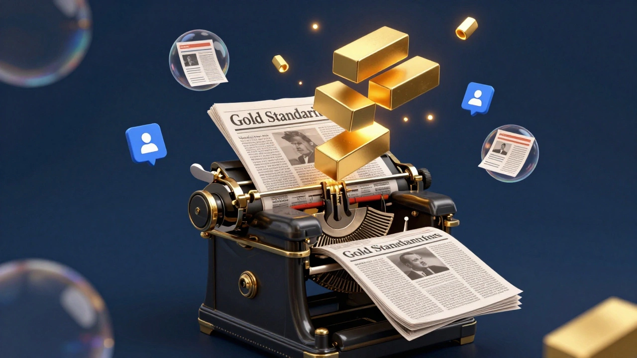 Conceptual art showing reliable newspapers turning into gold while social media bubbles pop.