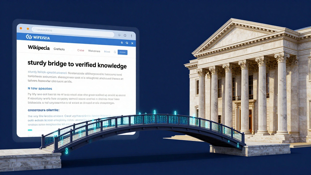 Conceptual digital bridge connecting a Wikipedia page to a classical university library.