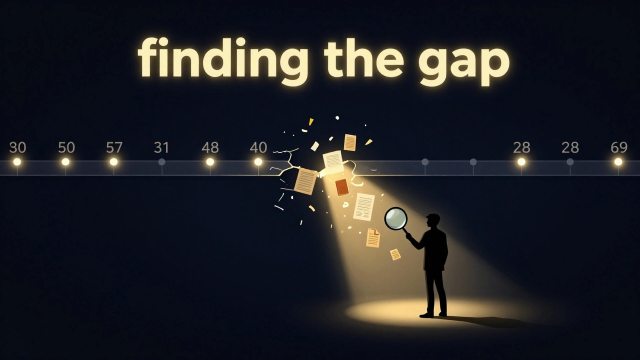 Conceptual illustration of a journalist finding a gap in a glowing digital timeline