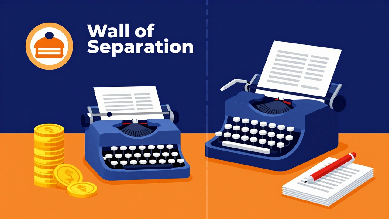 Conceptual illustration of the divide between news editorial and business interests.