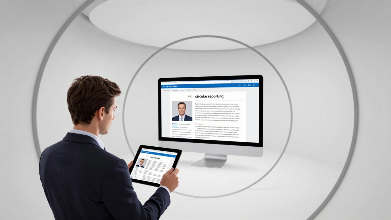 Conceptual image of a journalist and a wiki editor in a circular information loop.