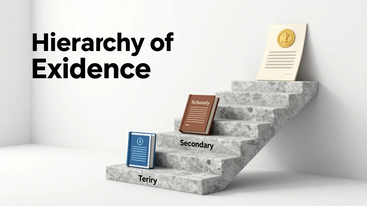 Conceptual staircase representing the hierarchy of primary, secondary, and tertiary sources.