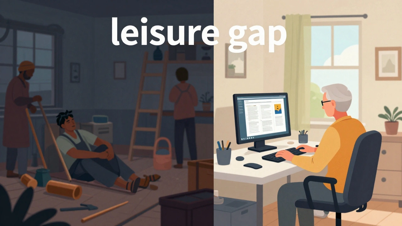 Contrast between a hardworking person in a developing nation and a retired editor in a cozy office.