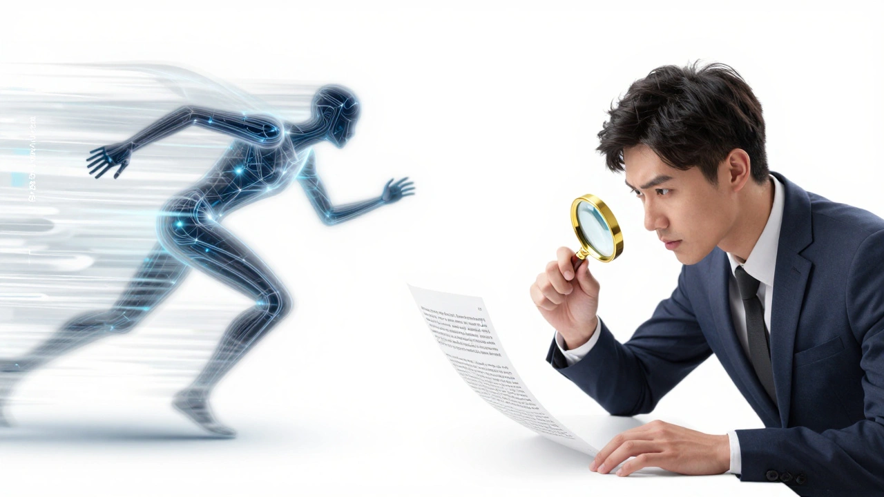 Digital illustration of a human editor verifying a fast stream of AI-generated text with a magnifying glass.