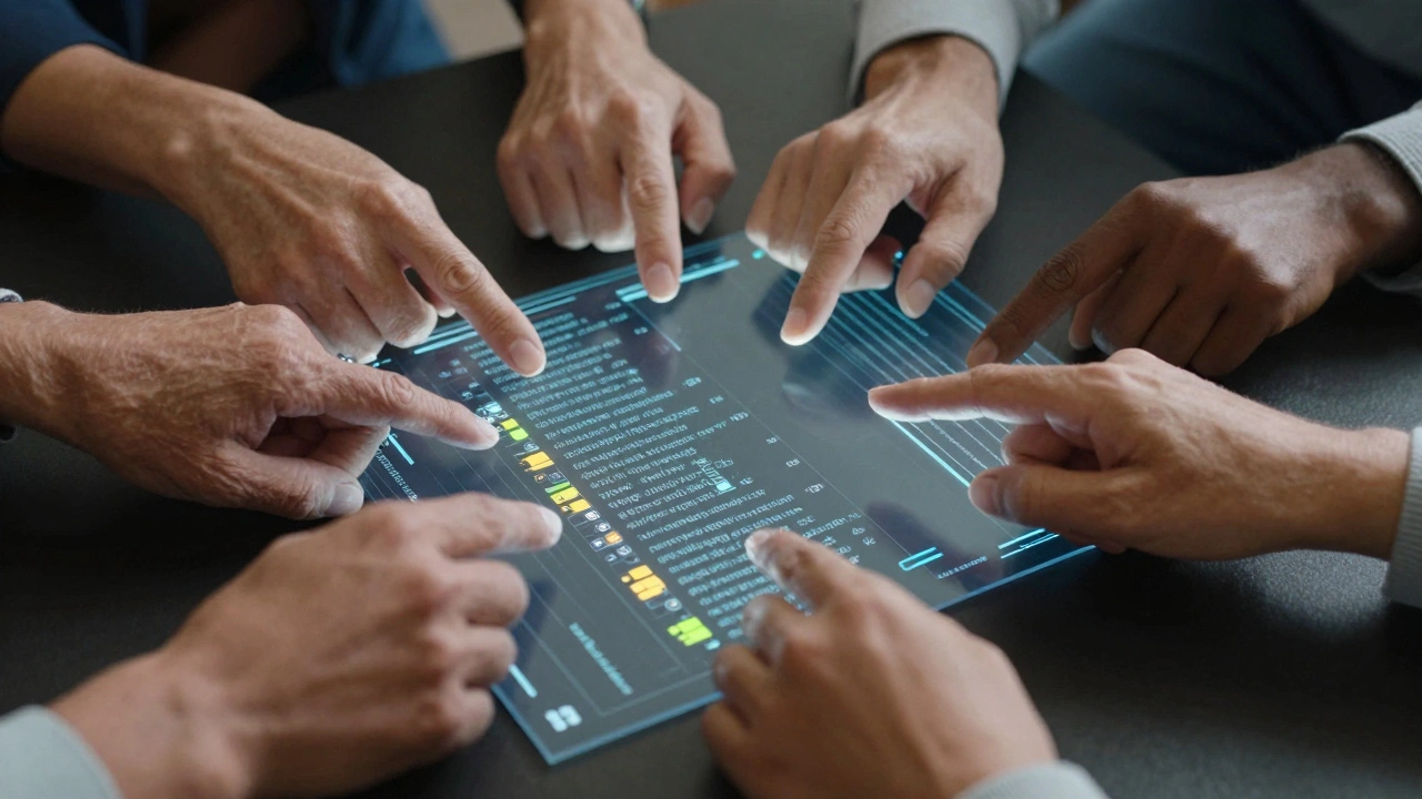 Diverse hands collaboratively editing a digital interview transcript on a glowing screen.