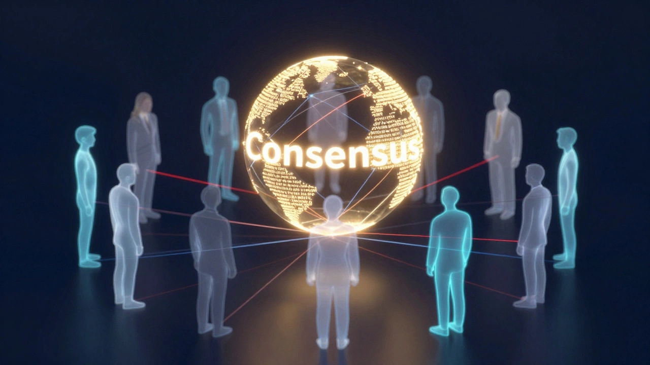 Diverse silhouettes collaborating around a glowing holographic sphere of information.