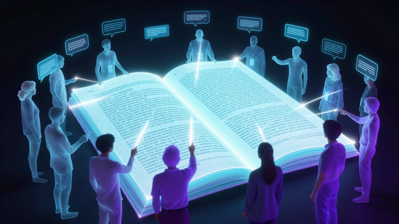 Diverse silhouettes collaborating on a glowing holographic page of text.