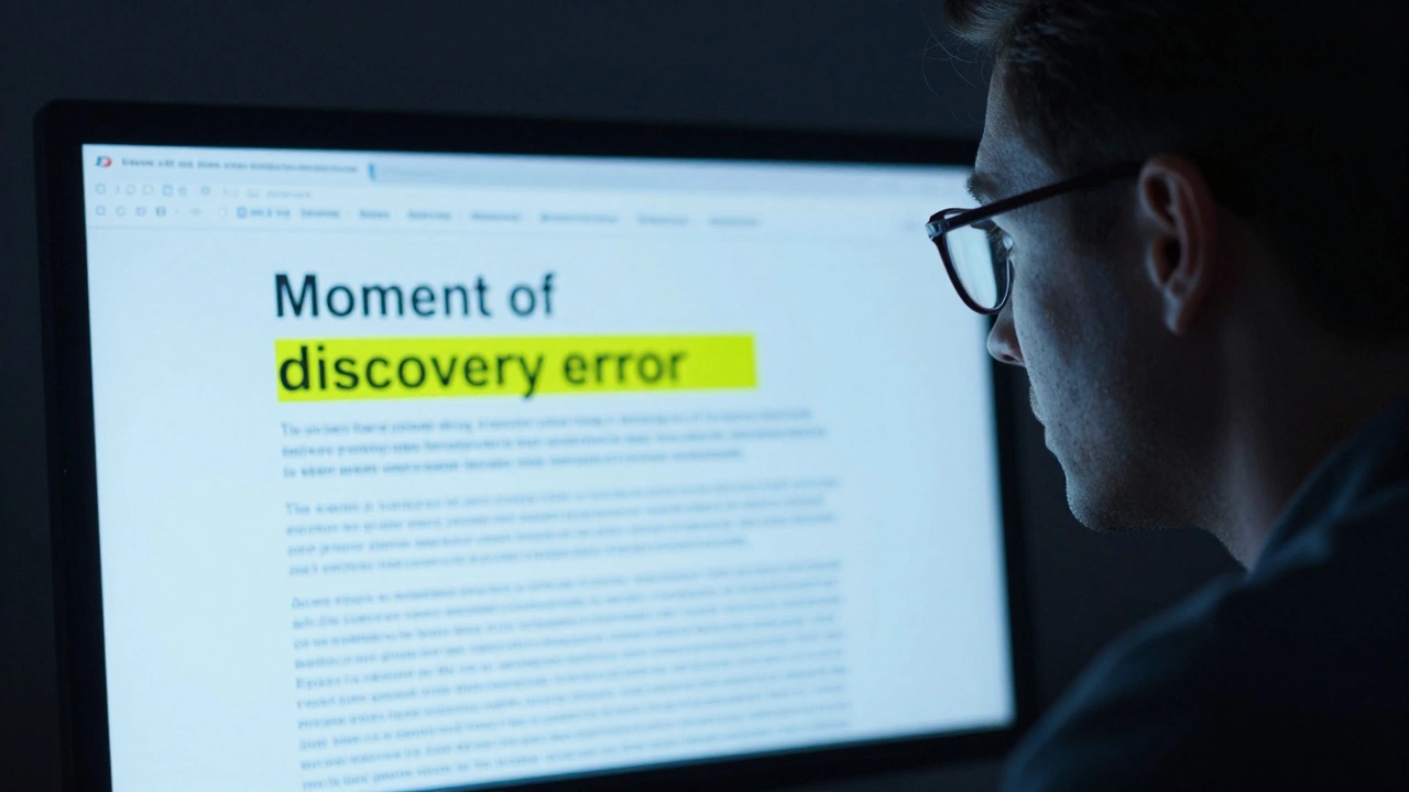 Editor discovering a factual error on a computer screen in a dark office