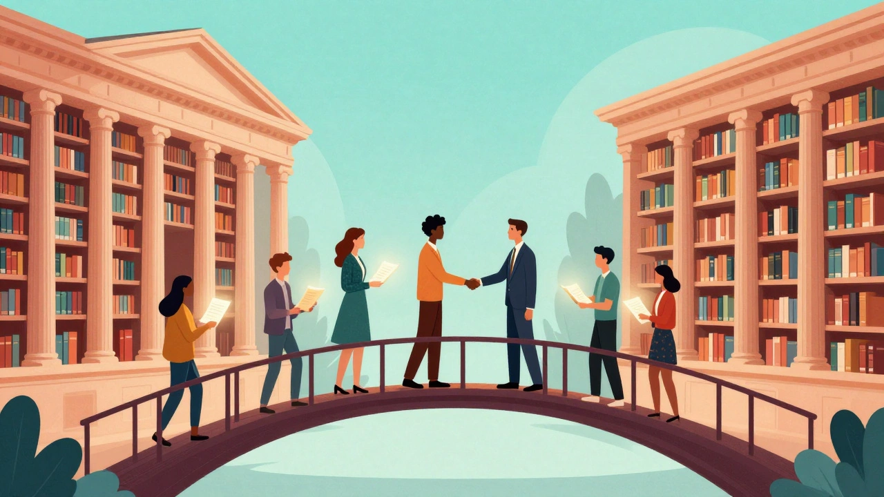 Editors from different cultures collaborating on a bridge between a library and an archive.