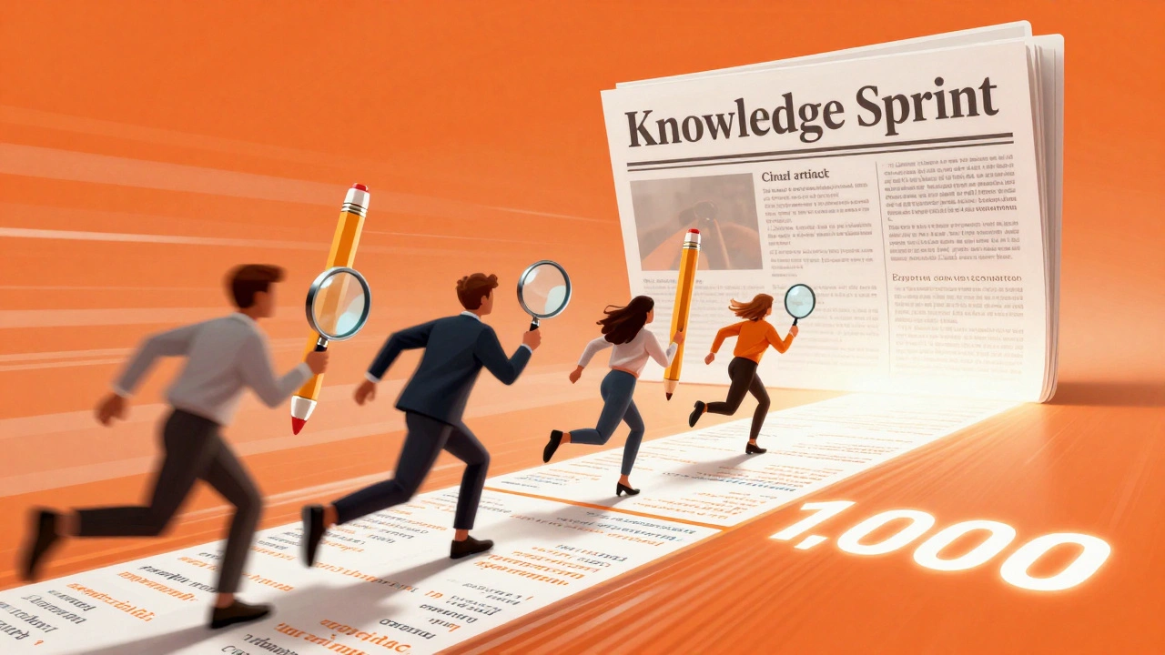 Editors running a high-speed digital race toward a goal of 1,000 articles with a newspaper backdrop.