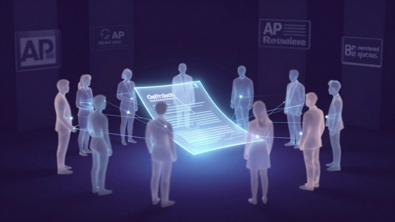 Ethereal silhouettes collaborating around a glowing holographic document in a dark, digital void.