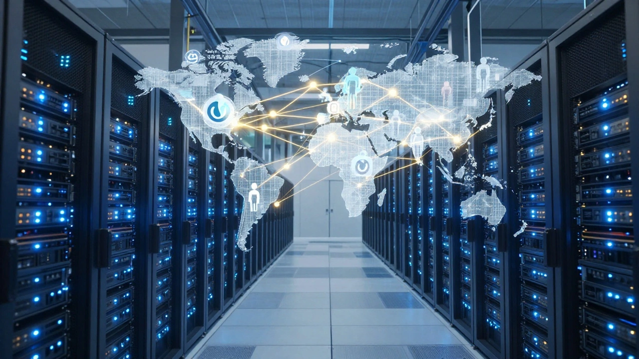 Futuristic data center with glowing servers and holographic figures representing global connectivity.