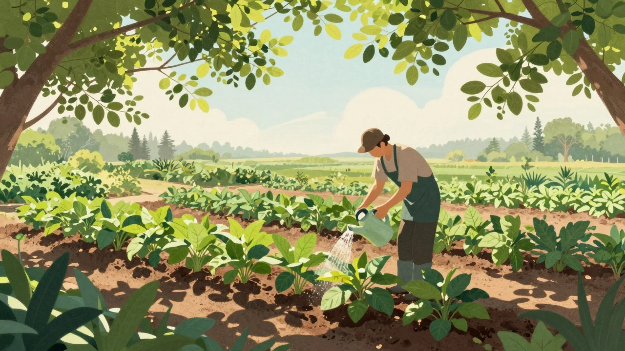 Gardener watering plants in a sunny garden