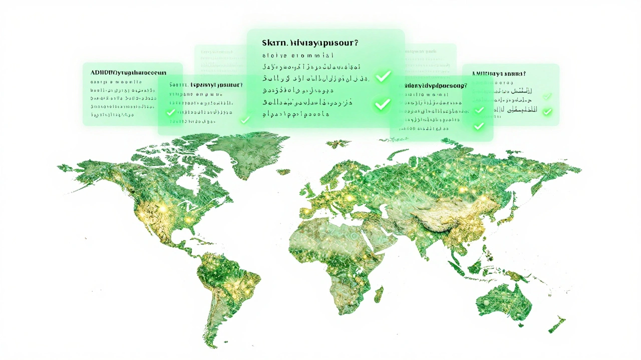 Global map with floating screens showing multilingual text and green validation checkmarks.