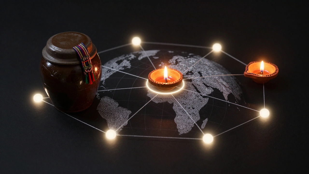 Glowing interconnected nodes representing global cultural traditions over a dark globe.