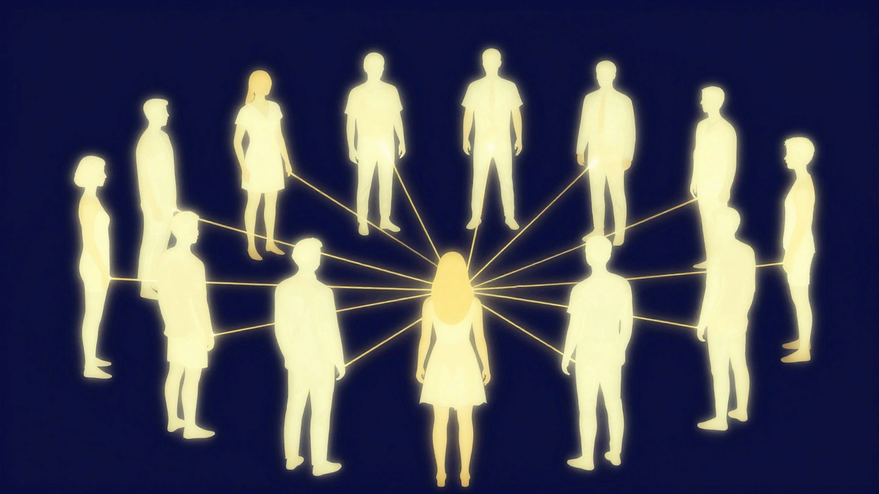 Glowing silhouettes of people connected by golden lines of light in a digital network.