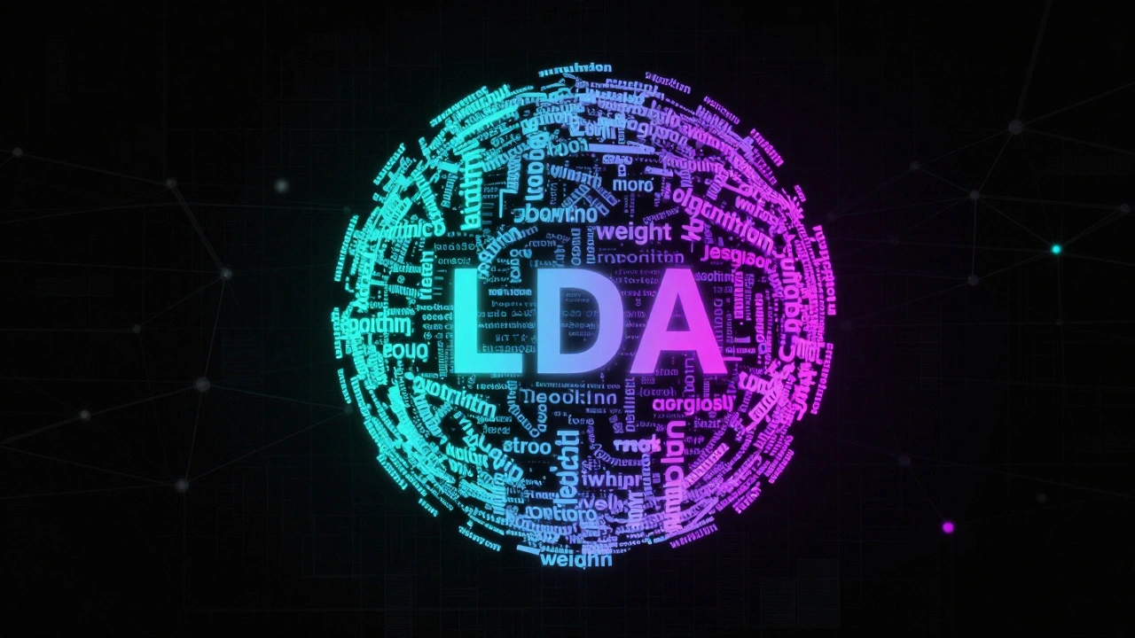 Glowing words being pulled into a structured cluster against a dark technical grid.