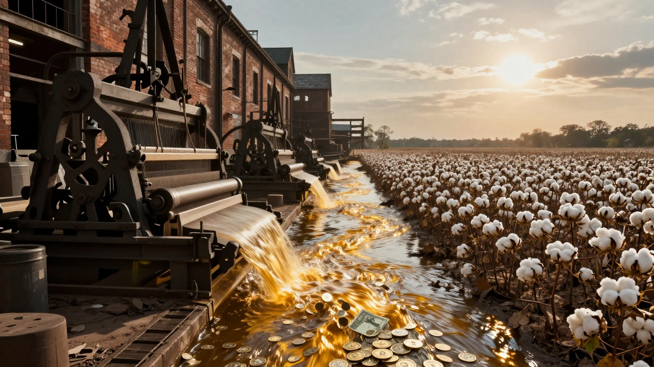 Golden coins flowing from a Southern cotton field into a Northern textile mill