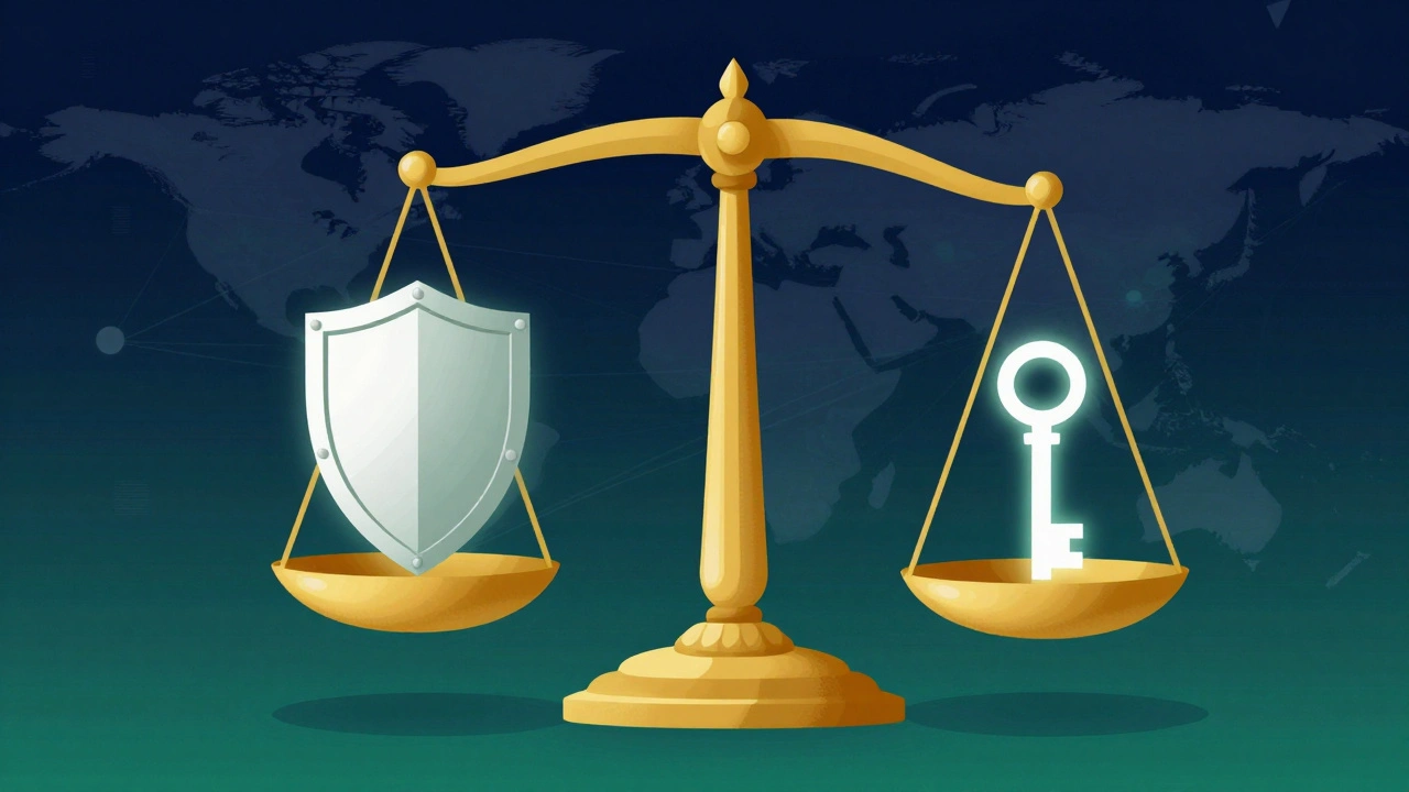 Golden scales balancing a glowing shield and a key against a network of connected nodes.