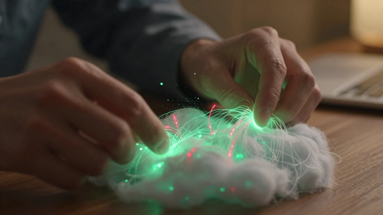 Hands analyzing glowing threads for errors and anomalies.