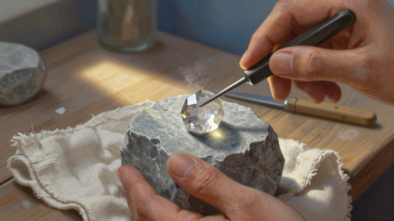 Hands polishing a rough stone into a crystal gem