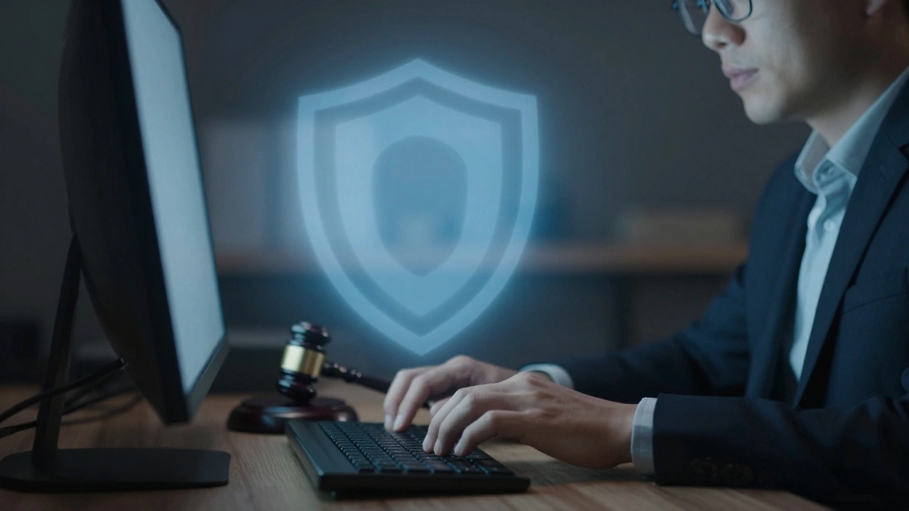 Hands typing on a keyboard with a symbolic protective shield in the background