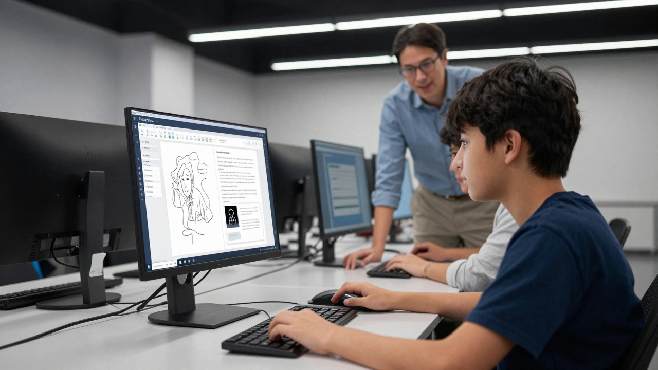 High school student practicing article editing in a computer lab sandbox environment.