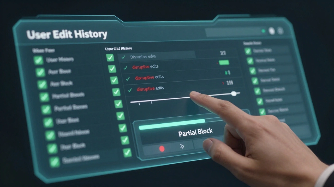 Holographic admin dashboard showing a user's edit history and partial block settings.