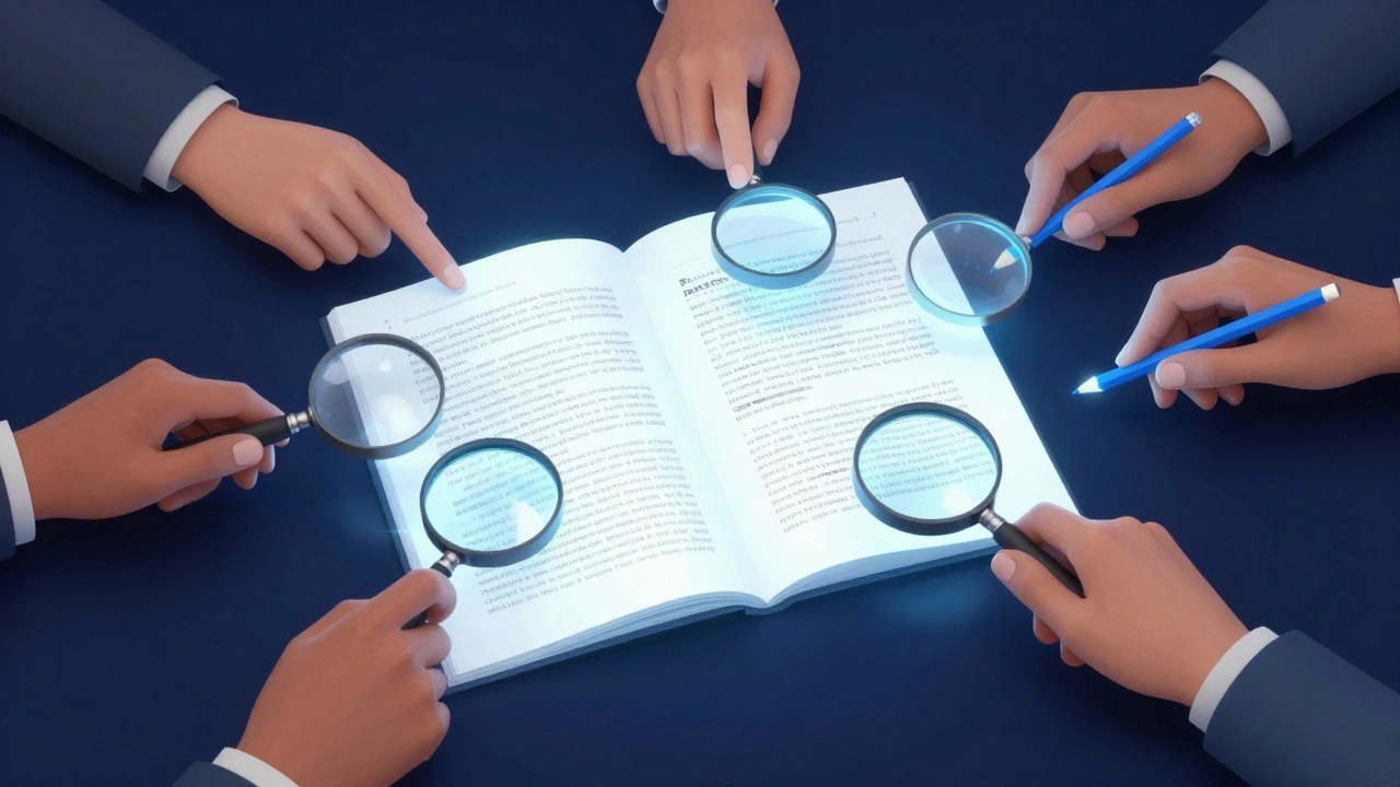 Holographic hands using magnifying glasses to collaboratively edit a glowing document.