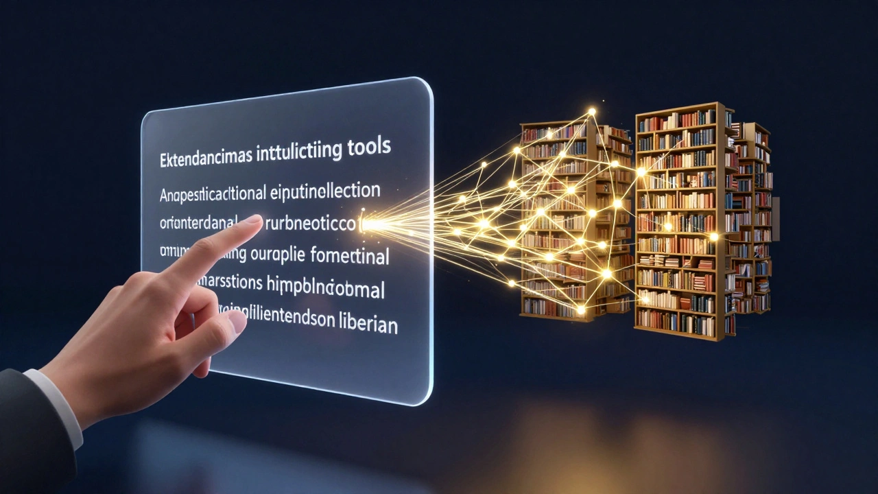Holographic interface showing AI tools connecting text to academic sources for verification.