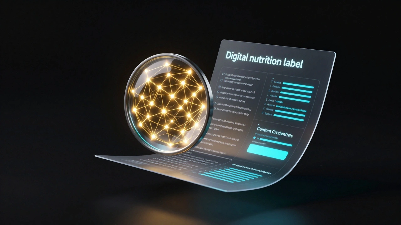 Holographic scan of a digital document showing cryptographic proofs and metadata labels.