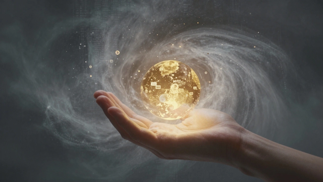 Human hand holding light orb amidst swirling digital fog.