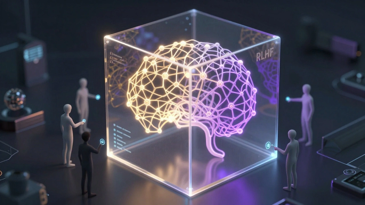 Human silhouettes manipulating a glowing neural network inside a black obsidian cube.