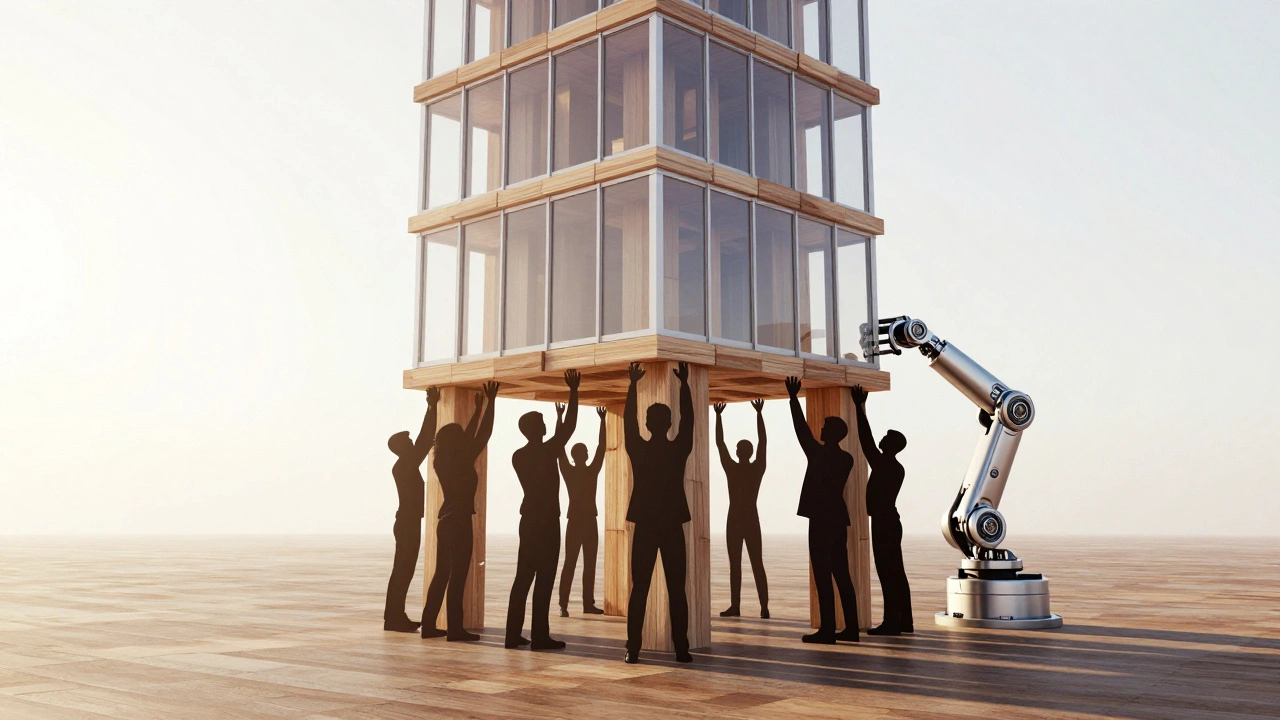 Humans and robot arms supporting a foundation of blocks.