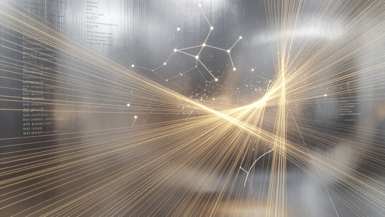 Interwoven golden threads forming constellation-like patterns symbolizing user action convergence